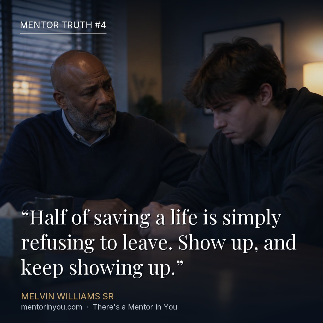 Mentor Truth 4: an older mentor sitting patiently across a table from a discouraged teenage boy who is looking down, over the quote “Half of saving a life is simply refusing to leave. Show up, and keep showing up.” — Melvin Williams Sr