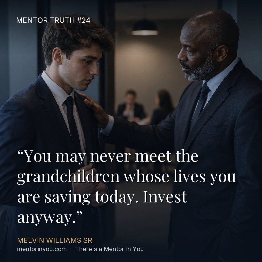 Mentor Truth 24: an older mentor steadying a nervous young man in a suit before he walks into a meeting, over the quote “You may never meet the grandchildren whose lives you are saving today. Invest anyway.” — Melvin Williams Sr