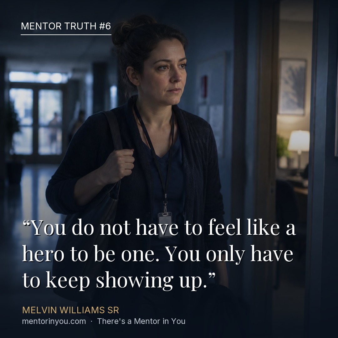 Mentor Truth 6: a tired case worker wearing a staff badge and bag walking into a dim office hallway at the start of a shift, over the quote “You do not have to feel like a hero to be one. You only have to keep showing up.” — Melvin Williams Sr